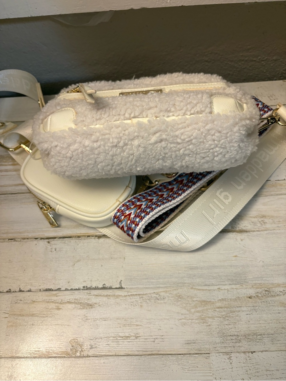 Madden Girl Cream Sherpa Crossbody with Detachable Patterned and Solid Straps - Picture 3 of 6